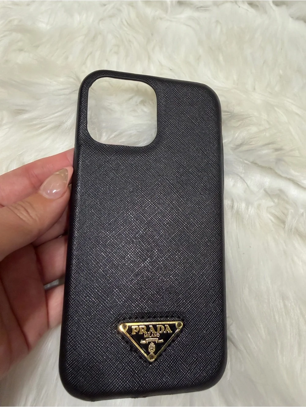 Prada Black Textured Leather Phone Case with Gold Logo Plaque